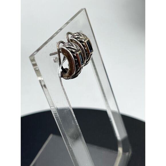 Signed 925 Sterling Silver 14k Yellow Gold Blue Topaz Omega Bali Earrings - Picture 10 of 13